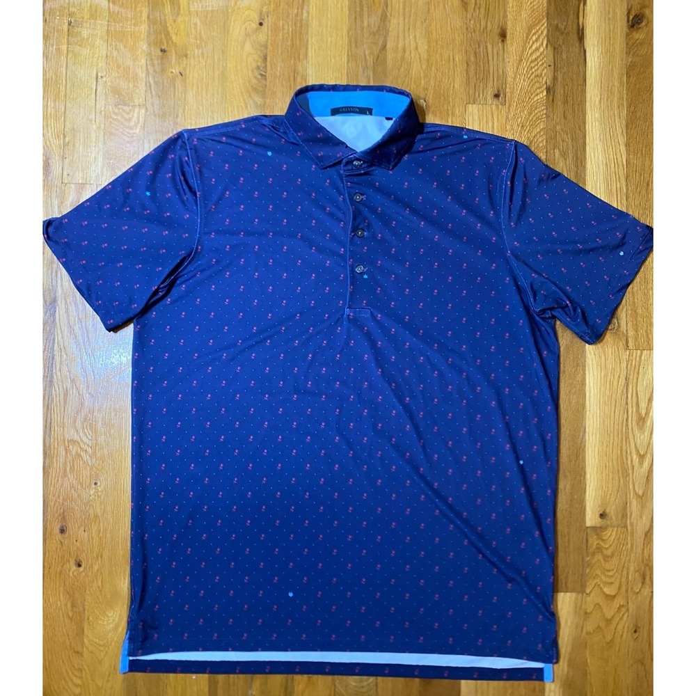 Greyson Mens L Golf Polo Shirt Navy Floral Wolf Logo Short Sleeve Embroidered